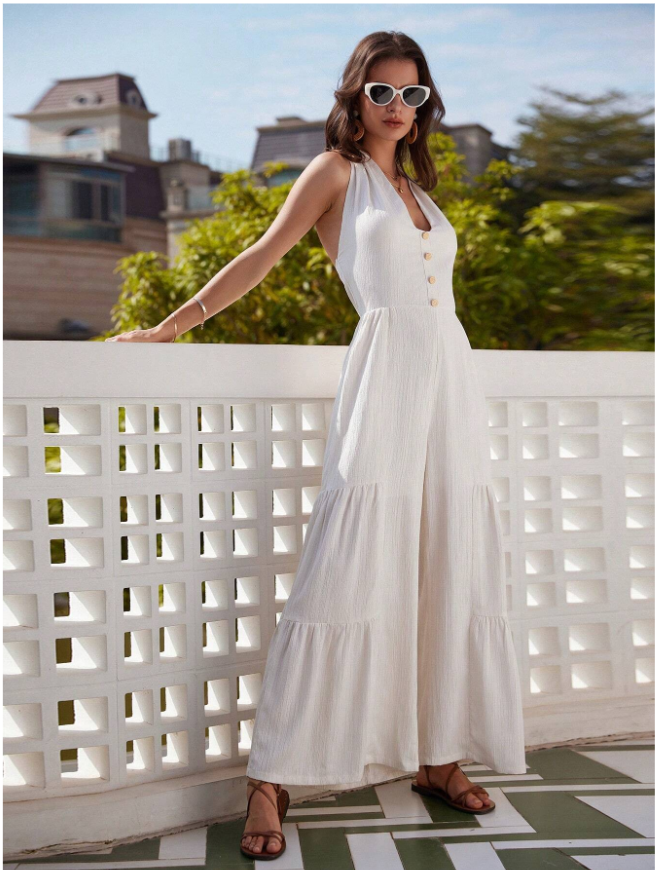 Wide Leg Backless Halterneck Knotted Jumpsuit