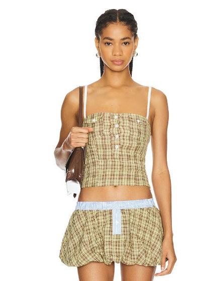 Gingham Print Corset Pocket Top & Skort Skirt Coord Set
