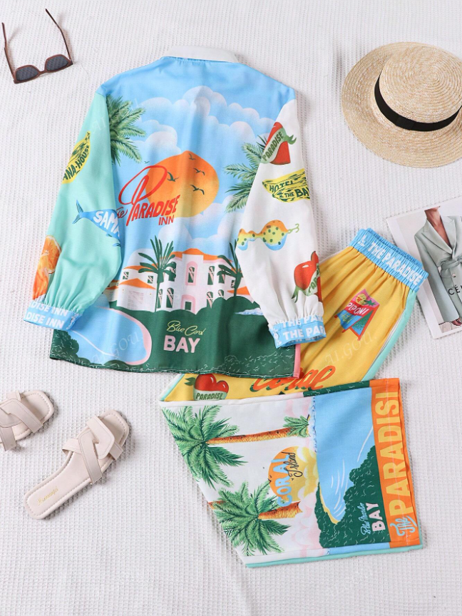 Summer Paradise Beach Print Shirt & Pants Coord Set