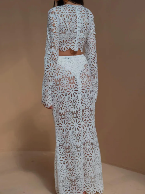 Floral Lace Hollow Out Long Sleeves Skirt & Blouse Coord Set