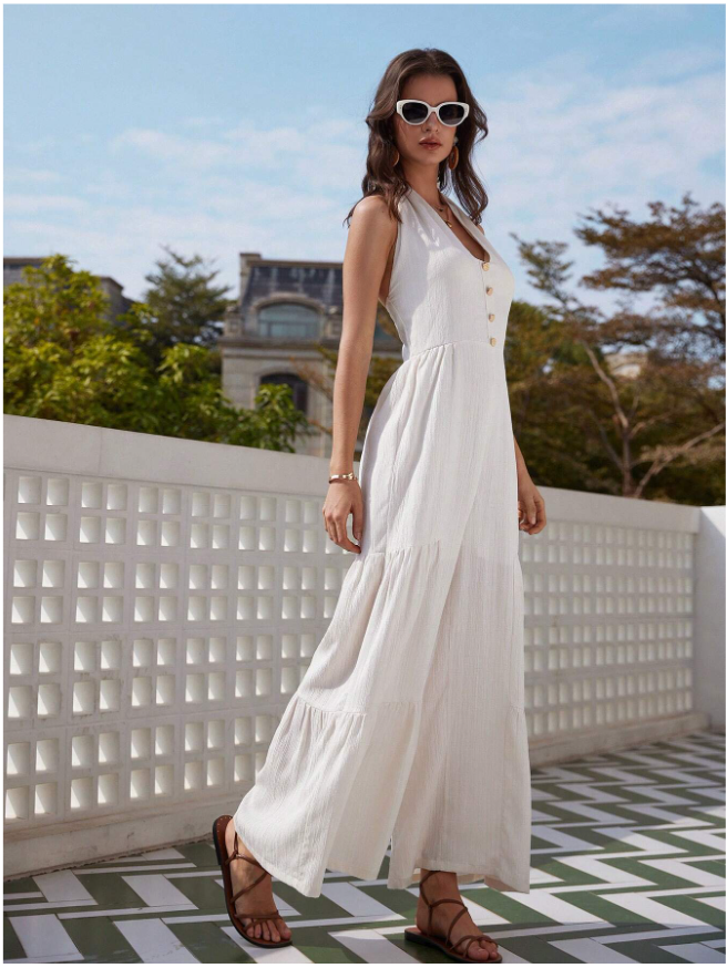 Wide Leg Backless Halterneck Knotted Jumpsuit