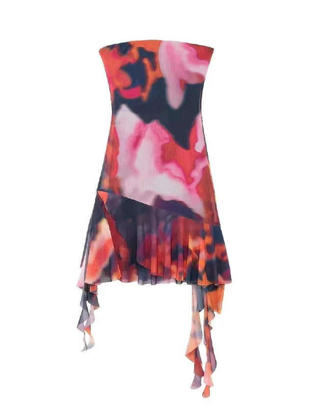 Bandeau Tube Tie Dye Printed Frill Dress
