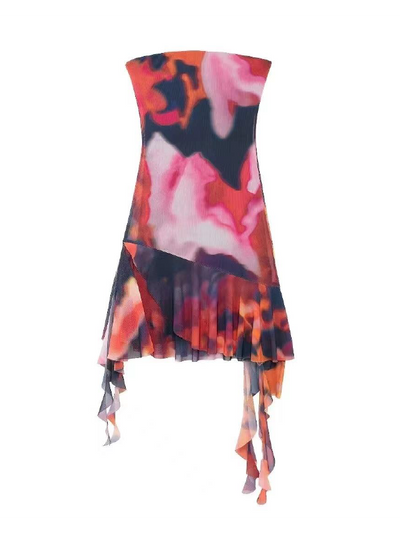 Bandeau Tube Tie Dye Printed Frill Dress