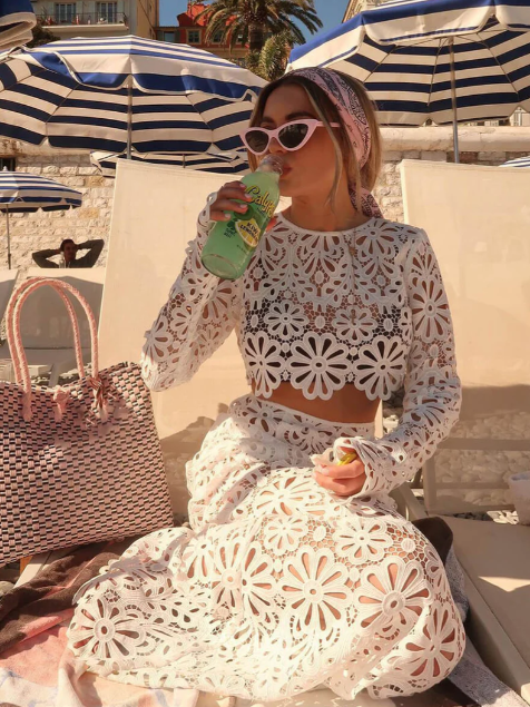 Floral Lace Hollow Out Long Sleeves Skirt & Blouse Coord Set