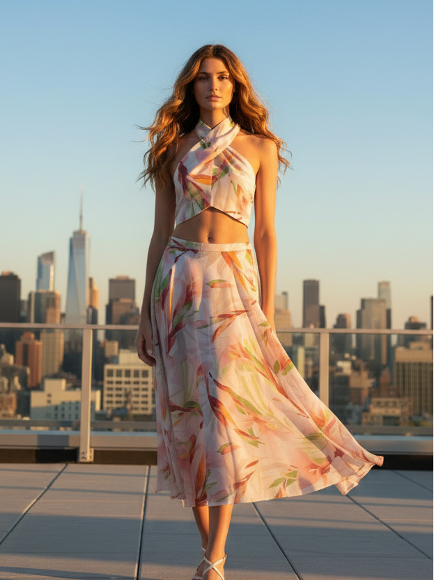 Halterneck floral print knotted top and skirt coord set by EXCLUSIVES, pastel pink two-piece.