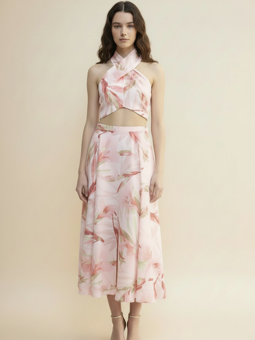 Halterneck floral print knotted crop top and matching pink midi skirt coord set; model wearing nude heels.