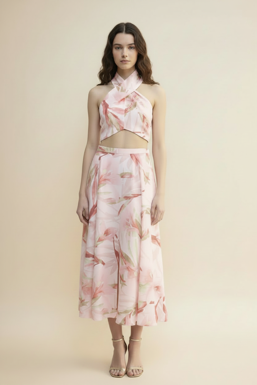 Halterneck floral print knotted crop top and matching pink midi skirt coord set; model wearing nude heels.