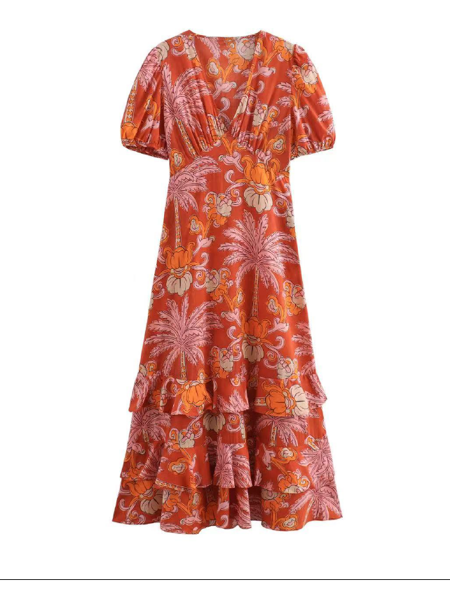 V Neck Printed Midi Dress