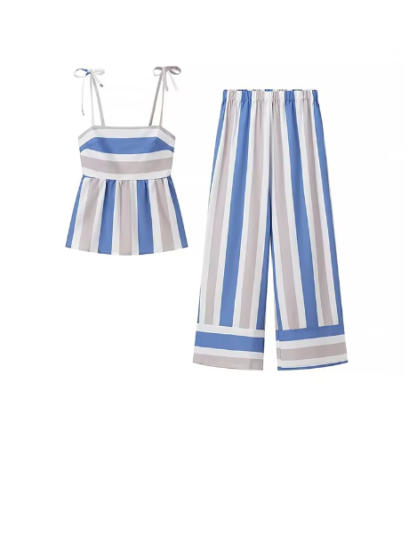 Striped Printed Lace Up Camisole Top & Wide Leg Pant Coord Set