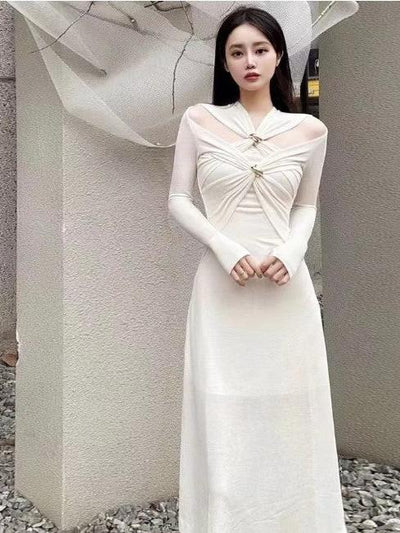 White Oblique Cutout Applique Maxi Dress