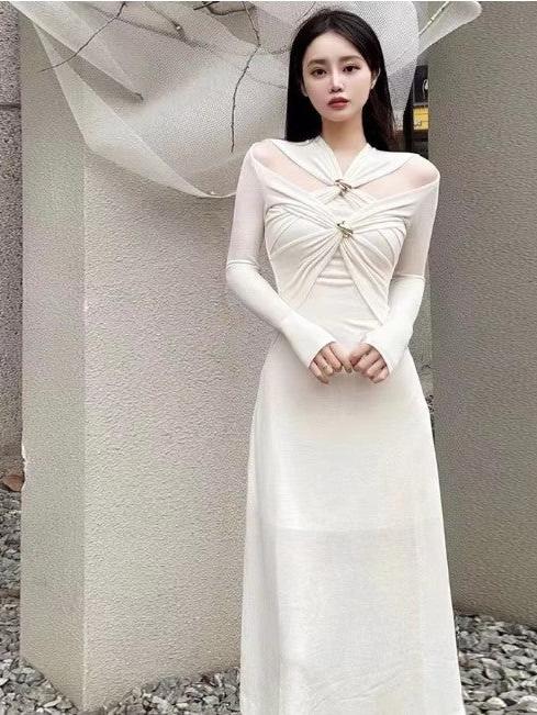 White Oblique Cutout Applique Maxi Dress