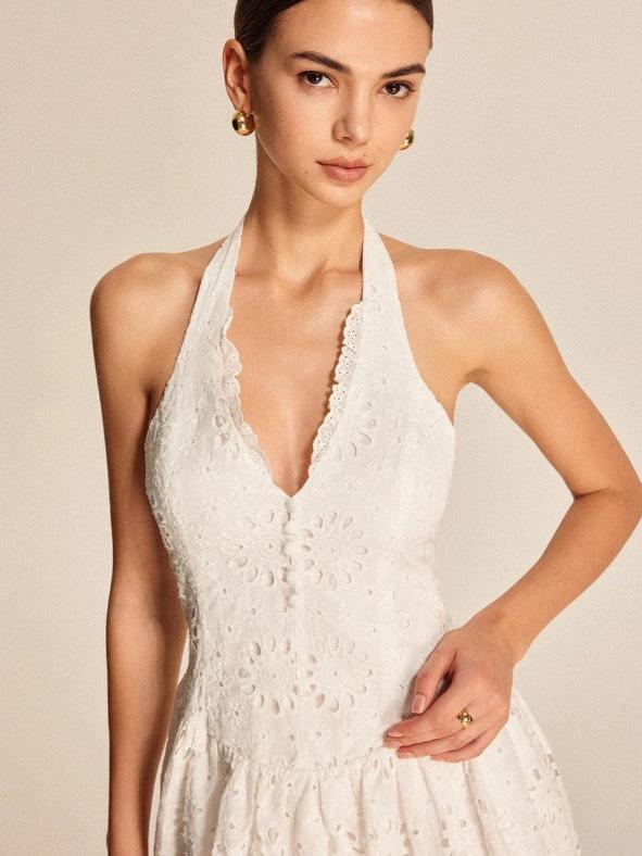 White Halterneck Eyelet Chikan Short Flare Dress