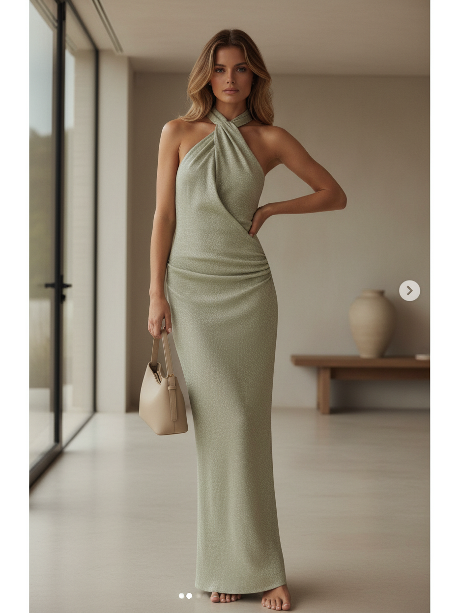 Shimmer Halterneck Ruched Maxi Dress in sage green, criss-cross halter neckline and ruched side.
