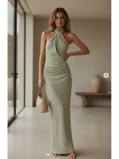 Shimmer Halterneck Ruched Maxi Dress in sage green, criss-cross halter neckline and ruched side.