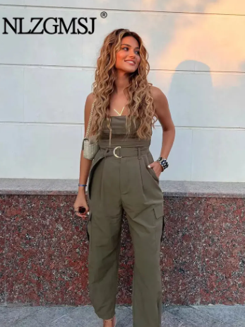 Olive Green Tube Cargo Jumpsuit with Belt