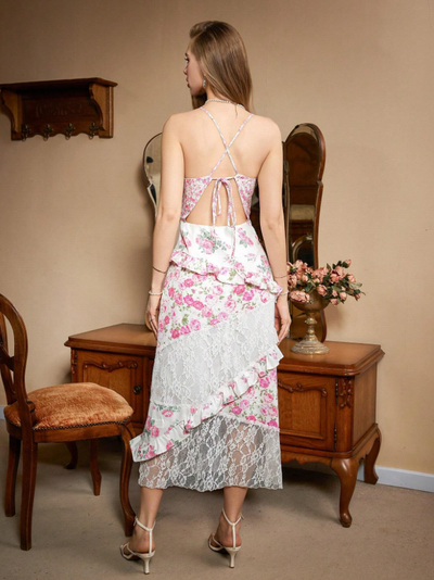 Backless Floral Print Spaghetti Strap Lace Maxi Dress