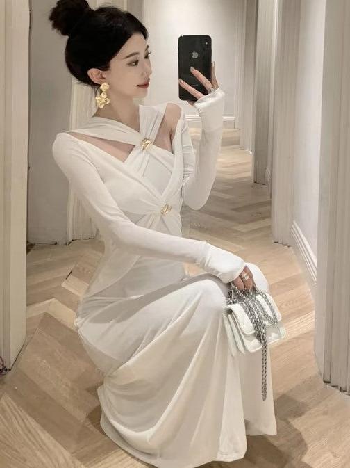 White Oblique Cutout Applique Maxi Dress