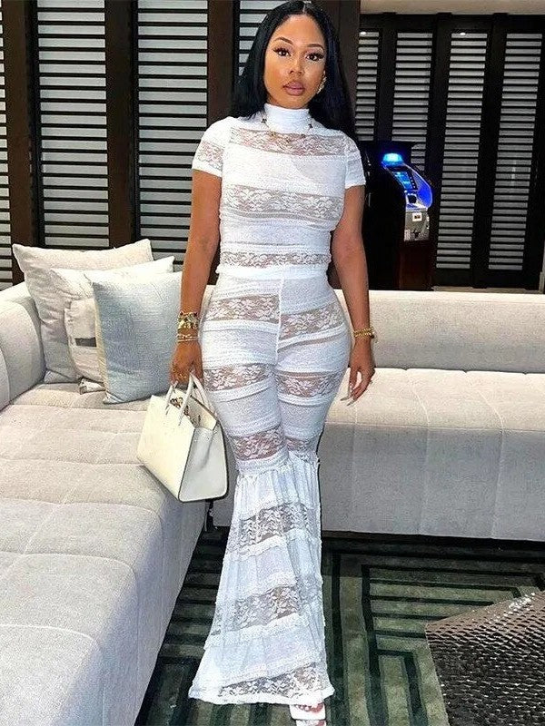 Joskaa White Lace Top & High Waist Flared Pants Coord Set