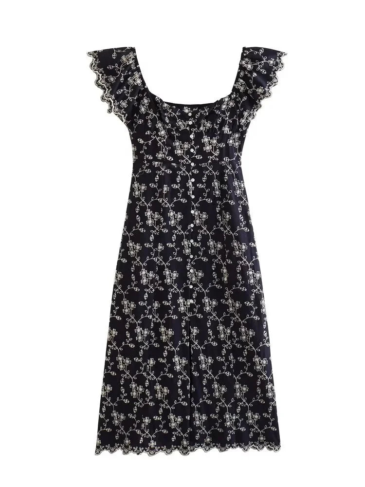 Embroidered Slit Maxi Cotton Dress