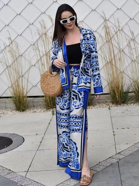 Porcelain Print Shirt & Wide Leg Pants Coord Set