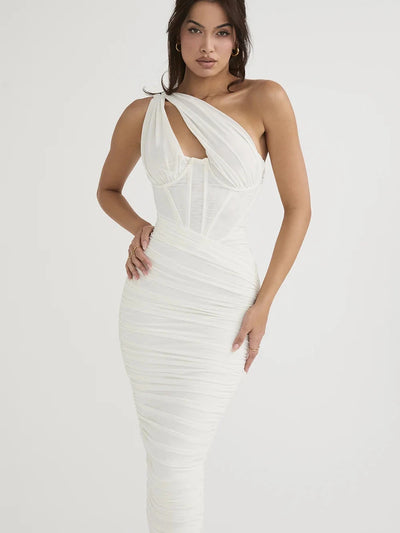 One Shoulder Mesh Hollow Out Dress