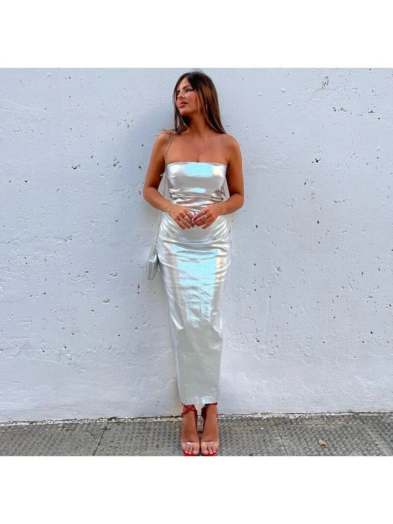 Silver Metallic Strapless Tube Dress
