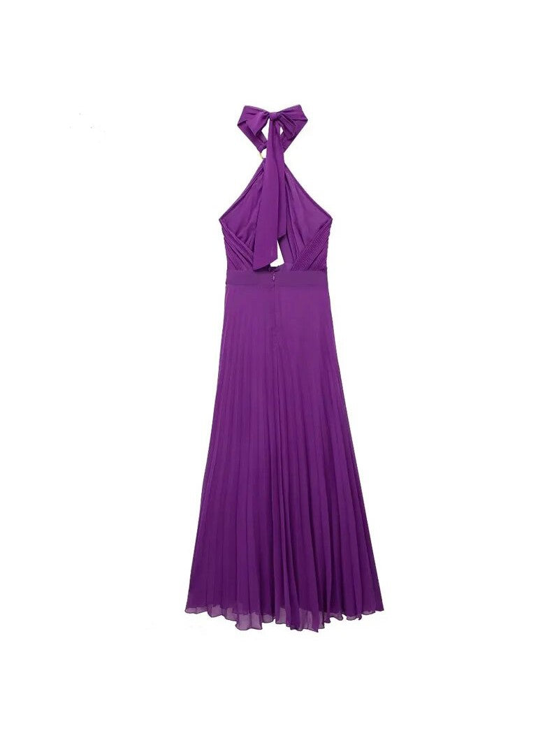 Halterneck Pleated Hollow out Purple Dress
