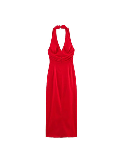 Halterneck Side Slit Red Midi Dress