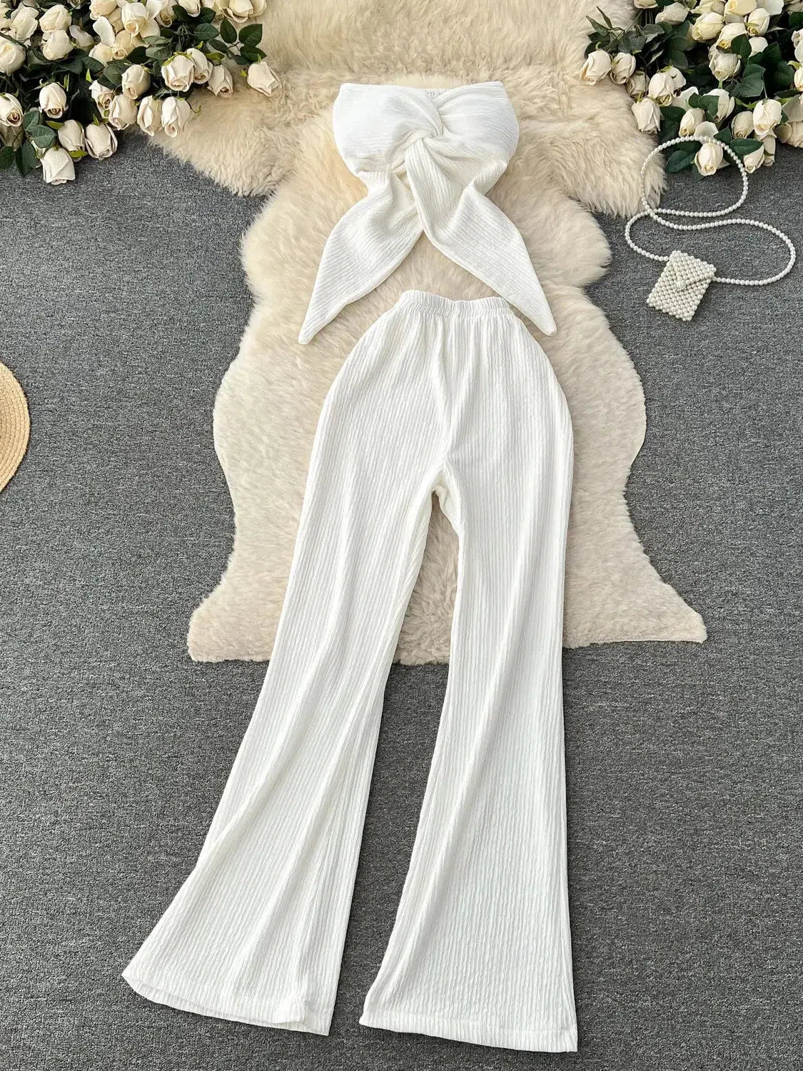 Bandeau Crop Tube Top & Wide Leg Pants Coord Set