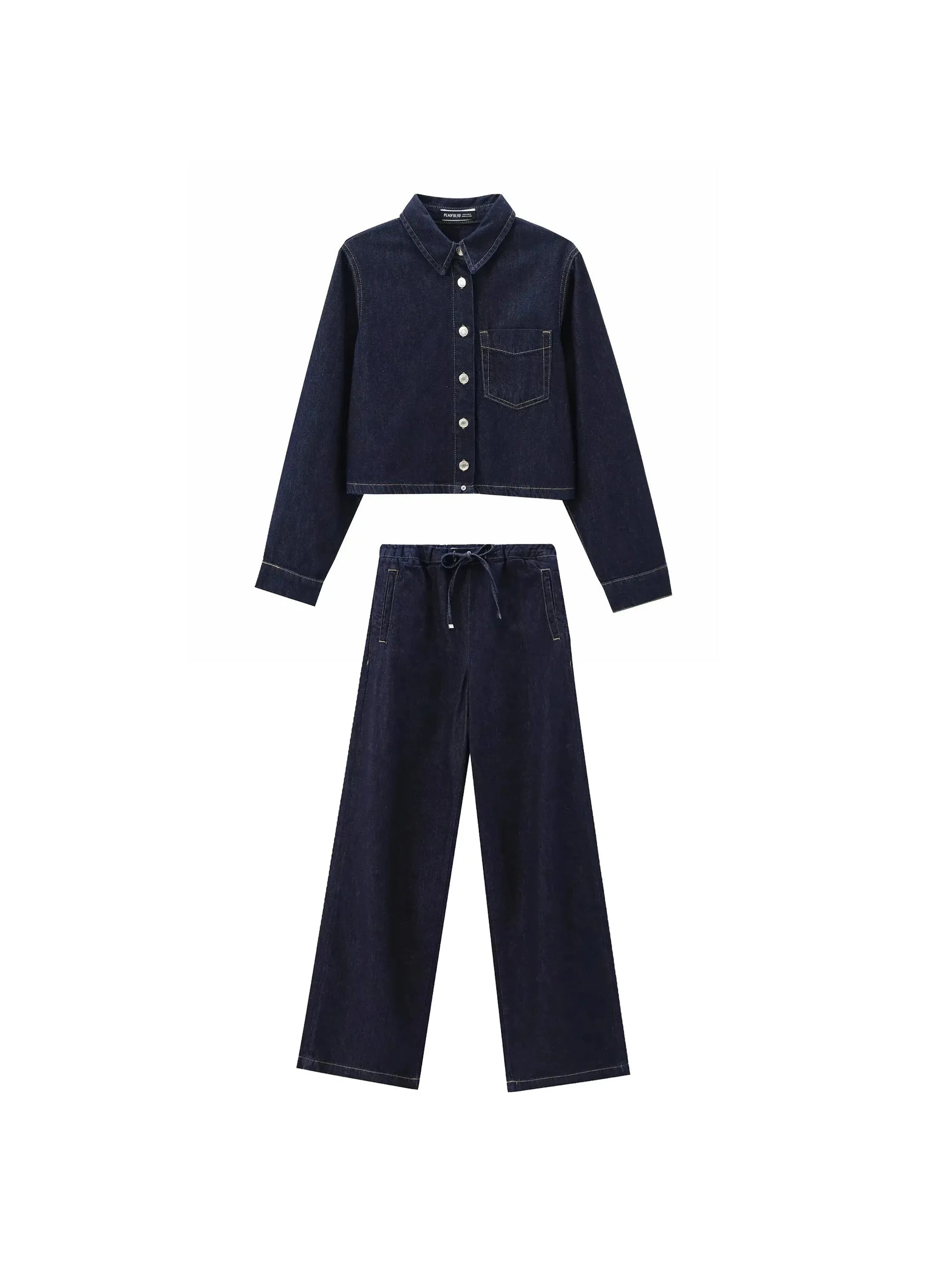Denim Jacket Top & Pants Coord Set with Elastic Belt