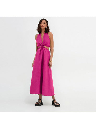 Pink Halterneck Cutout Backless Linen Dress