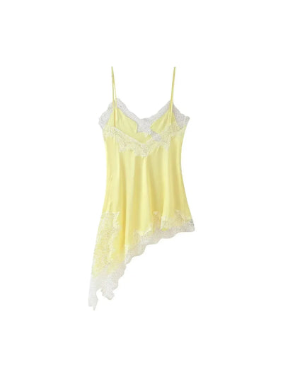Yellow Asymmetric Lace Short Dress