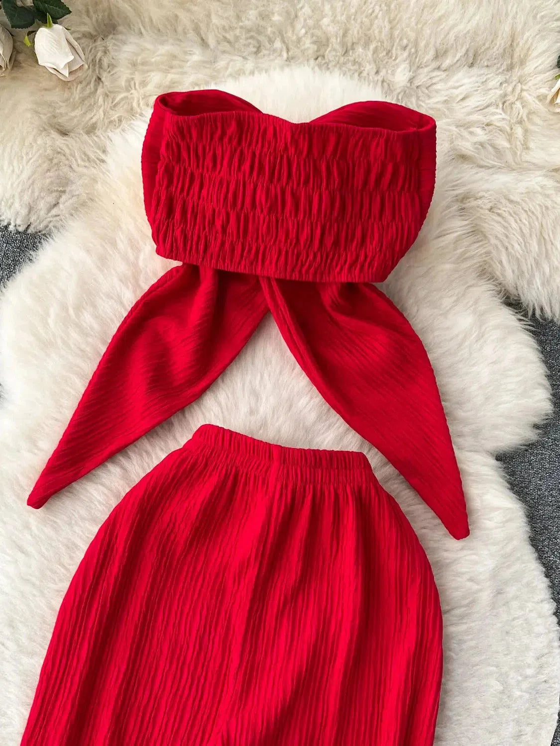 Bandeau Crop Tube Top & Wide Leg Pants Coord Set