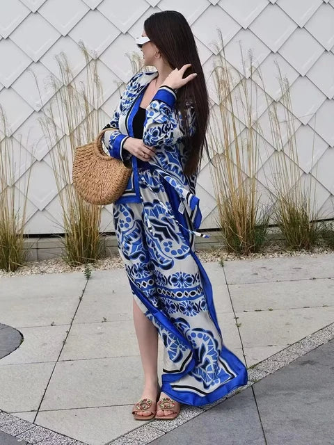 Porcelain Print Shirt & Wide Leg Pants Coord Set