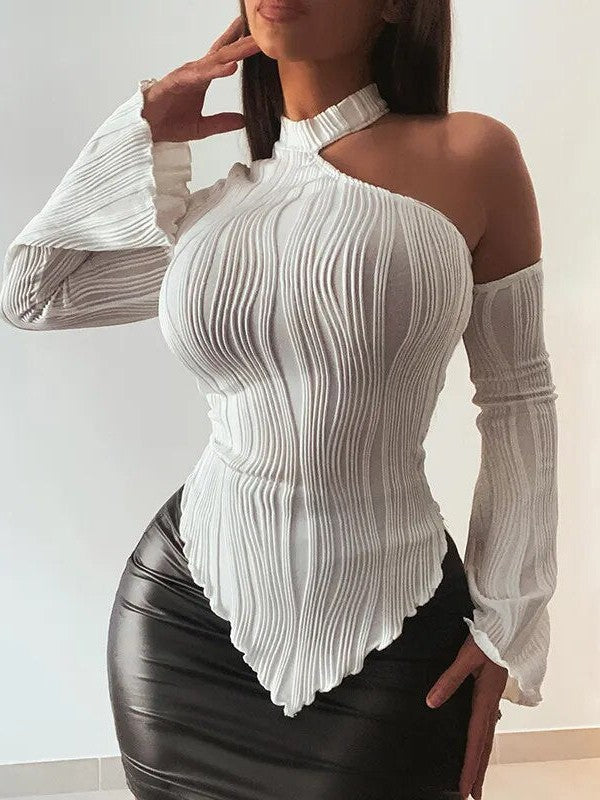 One Shoulder White Pleated Top