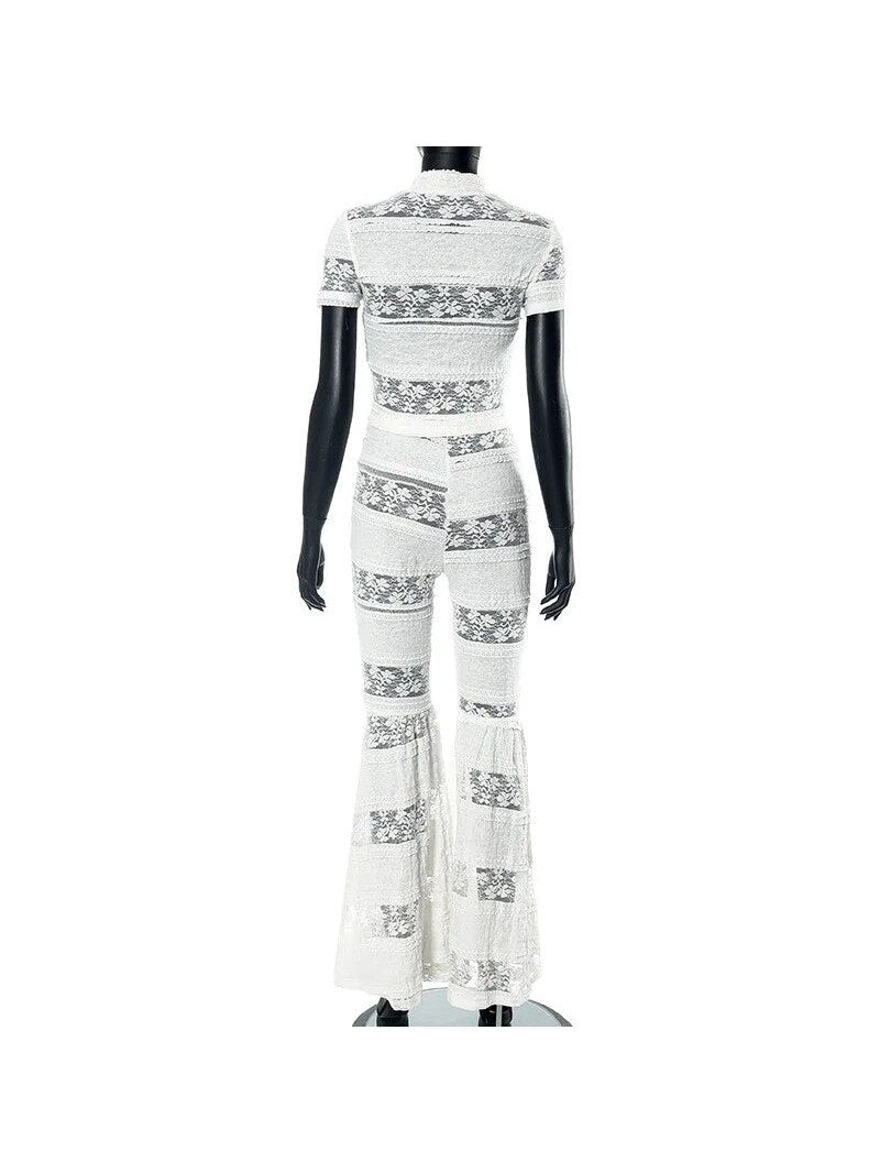 Joskaa White Lace Top & High Waist Flared Pants Coord Set