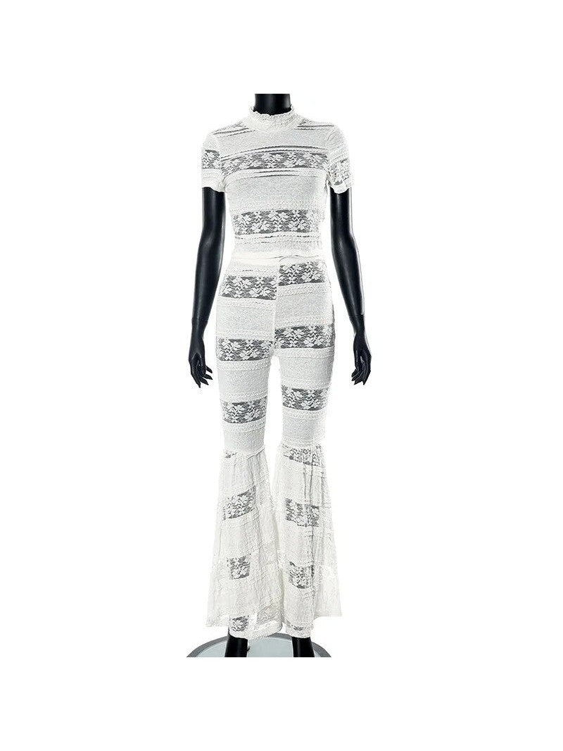 Joskaa White Lace Top & High Waist Flared Pants Coord Set