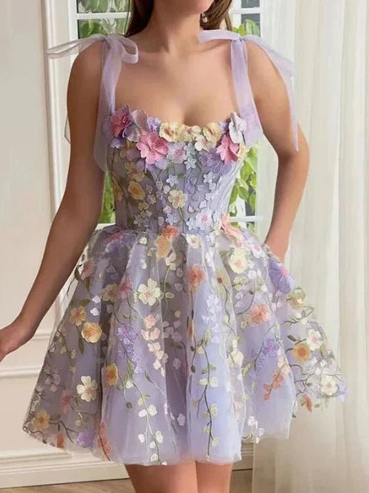 Tied Strap Flower Applique Fit Flare Short Dress