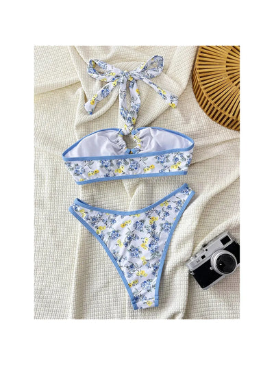 Floral Print Halterneck Two Piece Bikini SwimSuit Set
