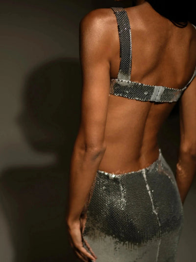 Sequins Backless Slit Sling Maxi Dress