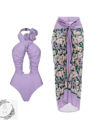 Floral Print Halterneck Cutout Bikini Swimsuit Set with Skirt