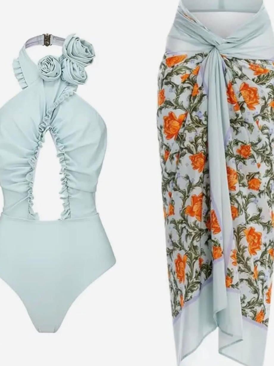 Floral Print Halterneck Cutout Bikini Swimsuit Set with Skirt