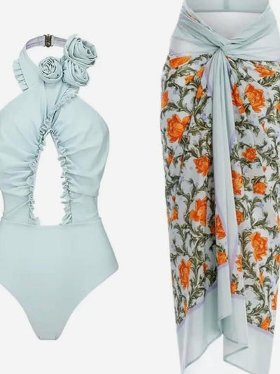 Floral Print Halterneck Cutout Bikini Swimsuit Set with Skirt