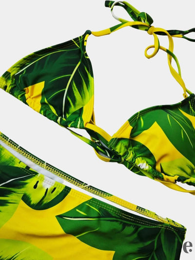 3 Piece Mesh Print Green Bikini Swimsuit with Coverup