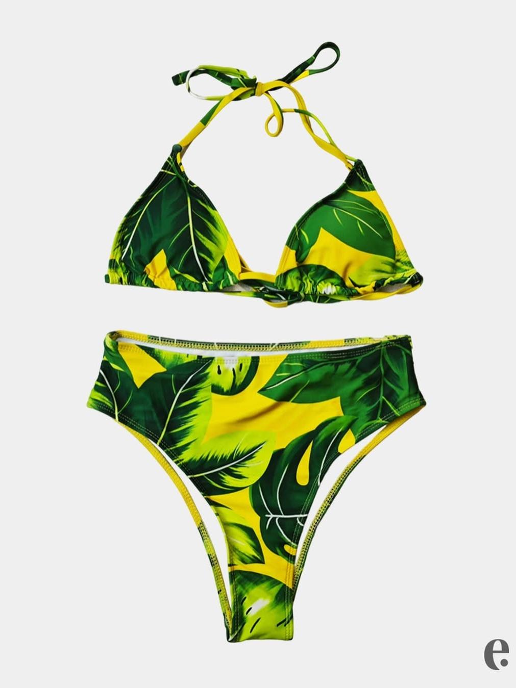 3 Piece Mesh Print Green Bikini Swimsuit with Coverup