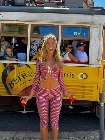 Gingham Print Tie Front Crop Top & Low Waist Capri Pants Coord Set