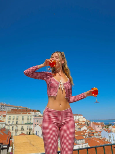 Gingham Print Tie Front Crop Top & Low Waist Capri Pants Coord Set