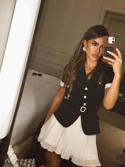 Belted Diamond Vest & Pleated Skirt Coord Set