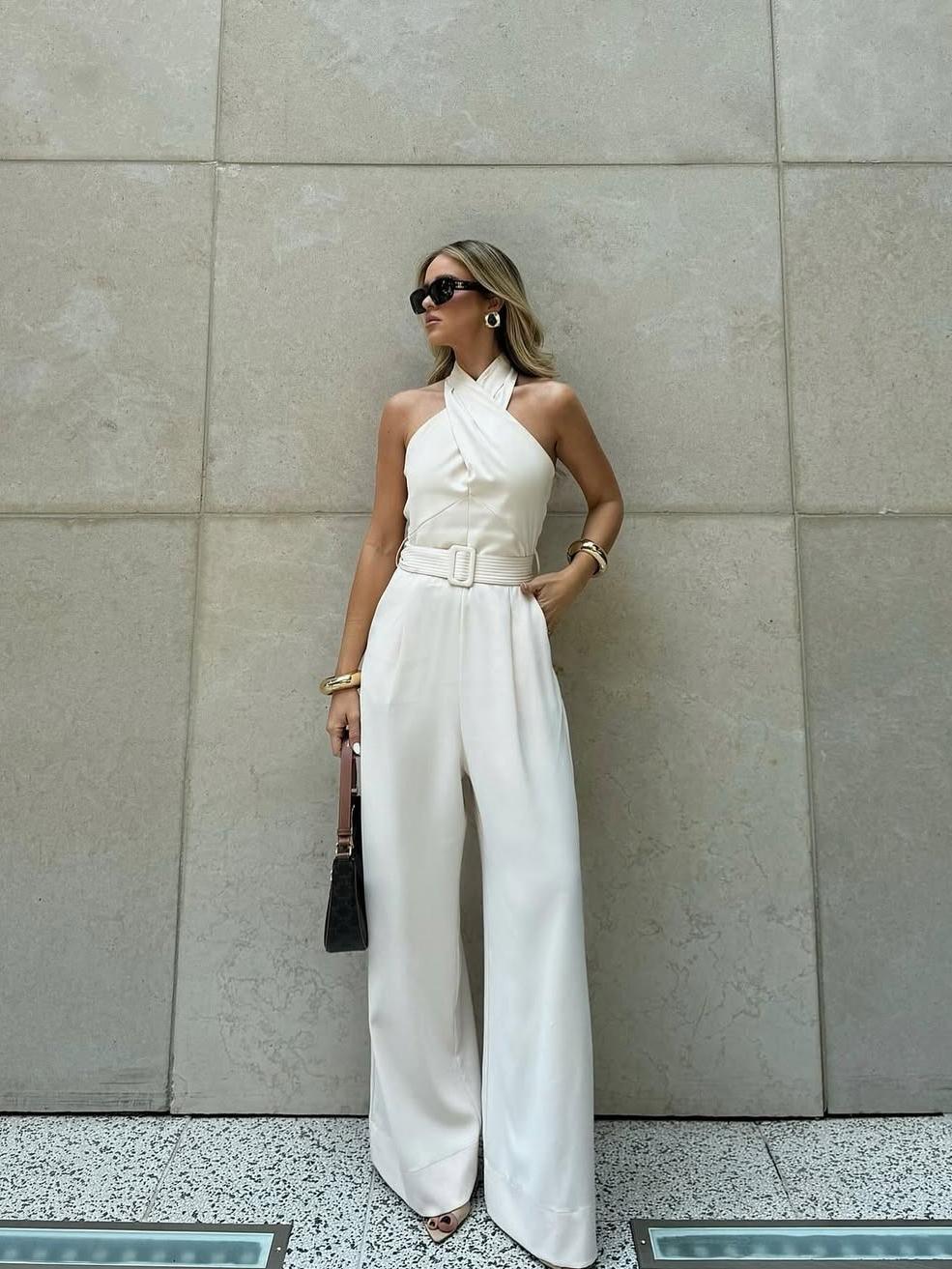 Halterneck Wide Leg Jumpsuit With Belt