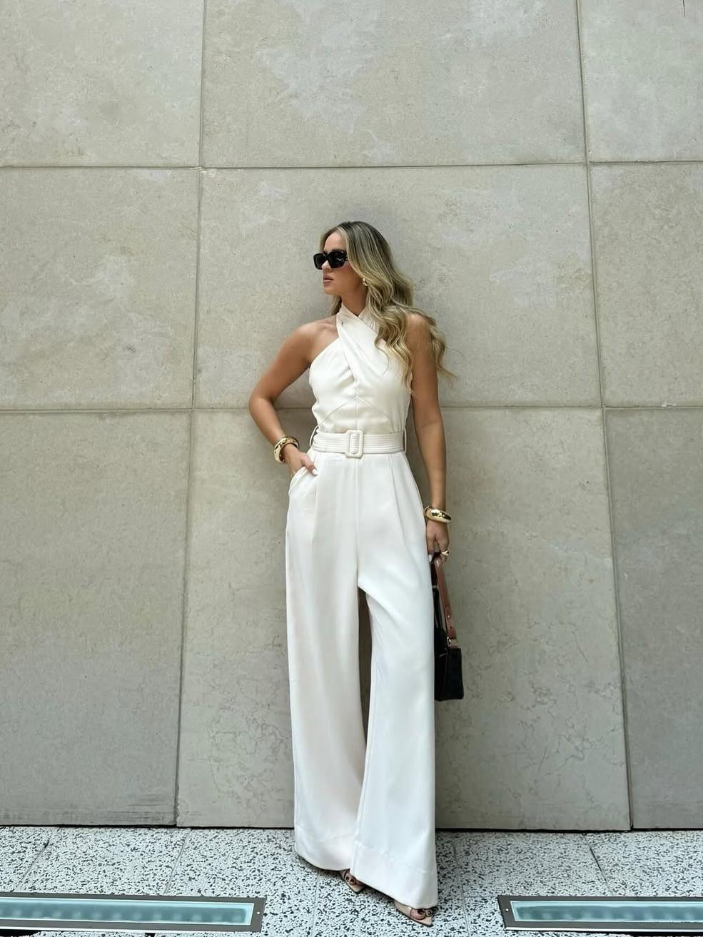 Halterneck Wide Leg Jumpsuit With Belt
